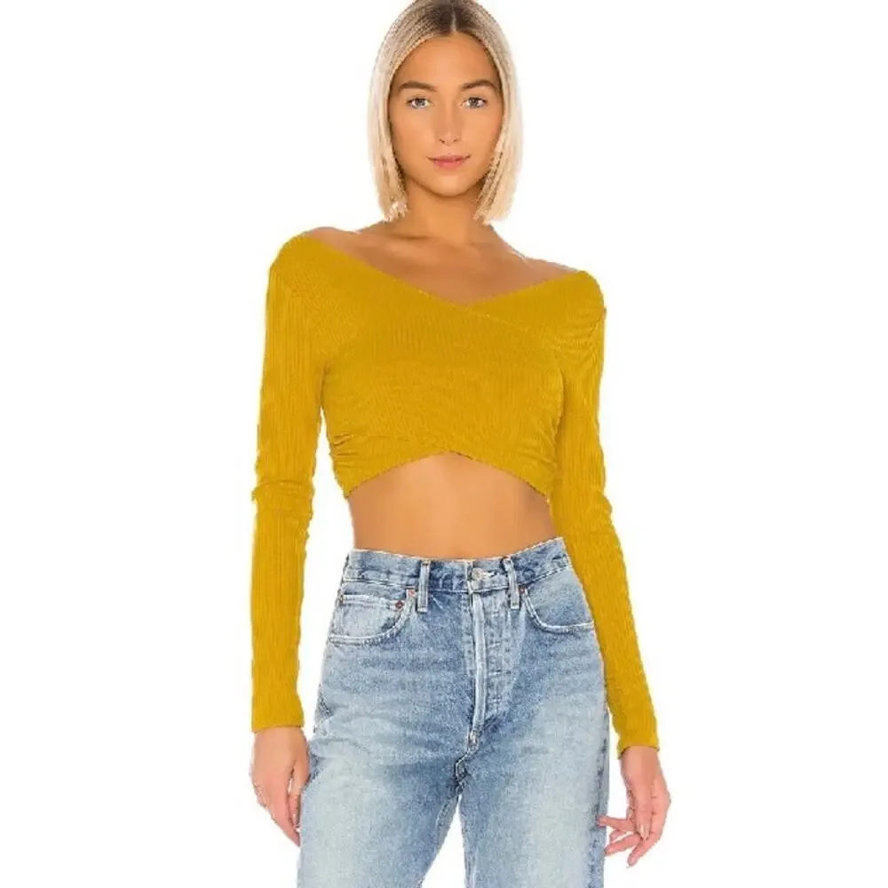 NEW Lovers + Friends Everly Top Ribbed Knit Crop Double V-Neck Mustard Yellow Lg